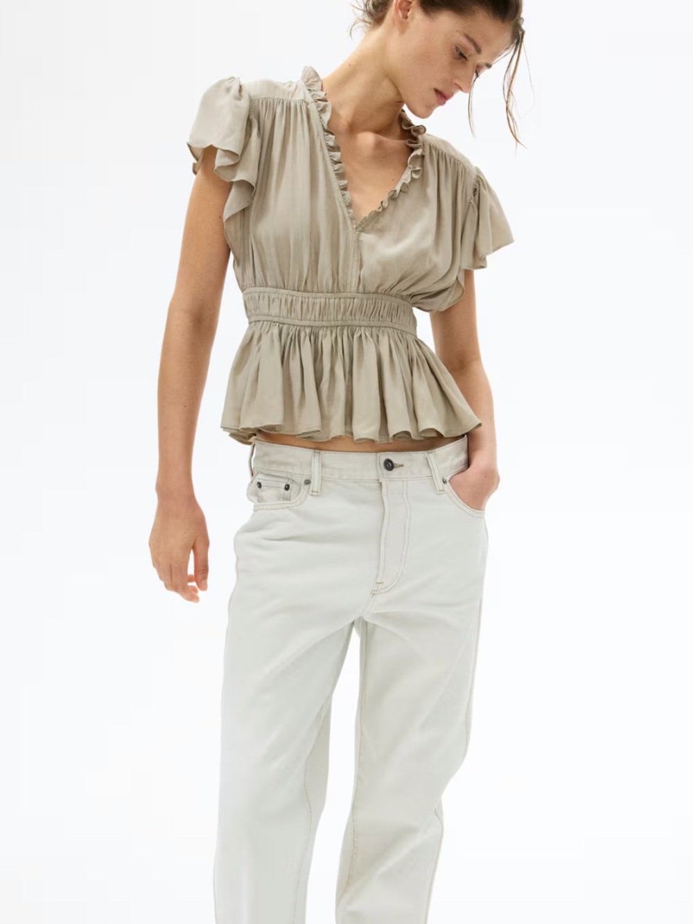 H&M FLUTTER-SLEEVED PEPLUM BLOUSE S
